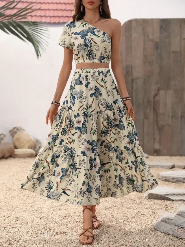 Print Crop One Shoulder Blouse & Ruffle Hem Skirt Apricot - Shop at LoveMi