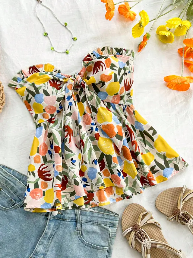Strapless Cinched Waist Ruffle Hem Floral Printed Vacation Top Yellow - Shop at LoveMi