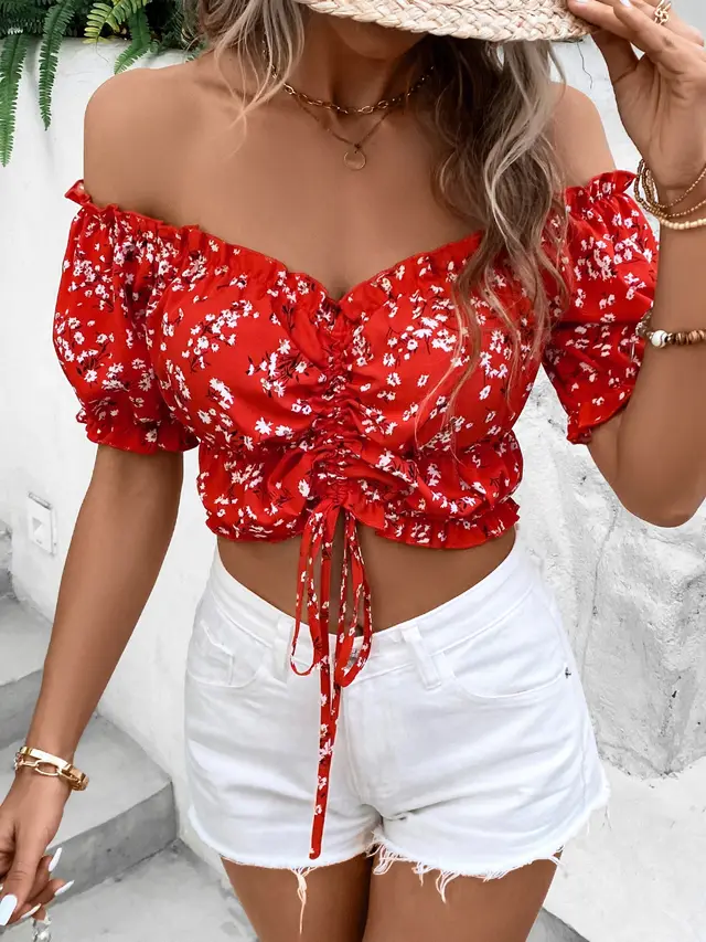 Women Vacation Style Casual Off Shoulder Elastic Cropped Top With Floral Print Red - Shop at LoveMi