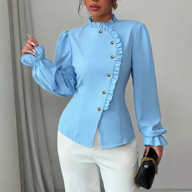 Women's Elegant French Asymmetrical Button down Collar Ruffle Long Sleeve Blouse Blue - Shop at LoveMi