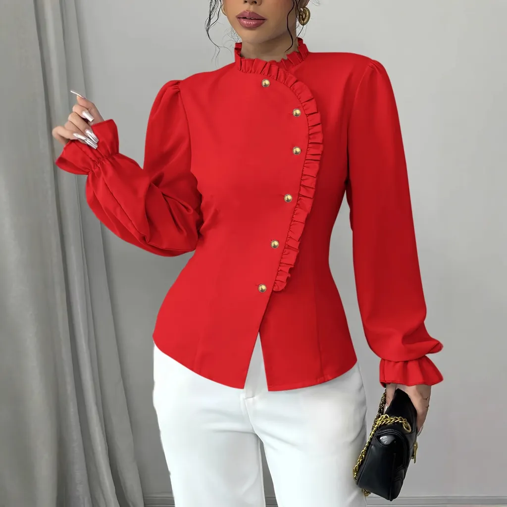 Women's Elegant French Asymmetrical Button-down Collar Ruffle Long Sleeve Blouse - Redness