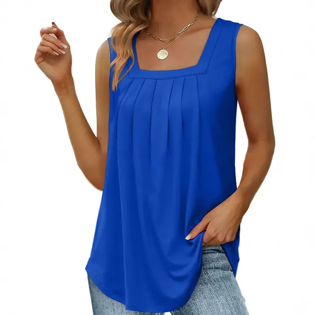Women's Summer Pleated Square Collar Halter Loose Casual Print Sleeveless Vest Blue - Shop at LoveMi
