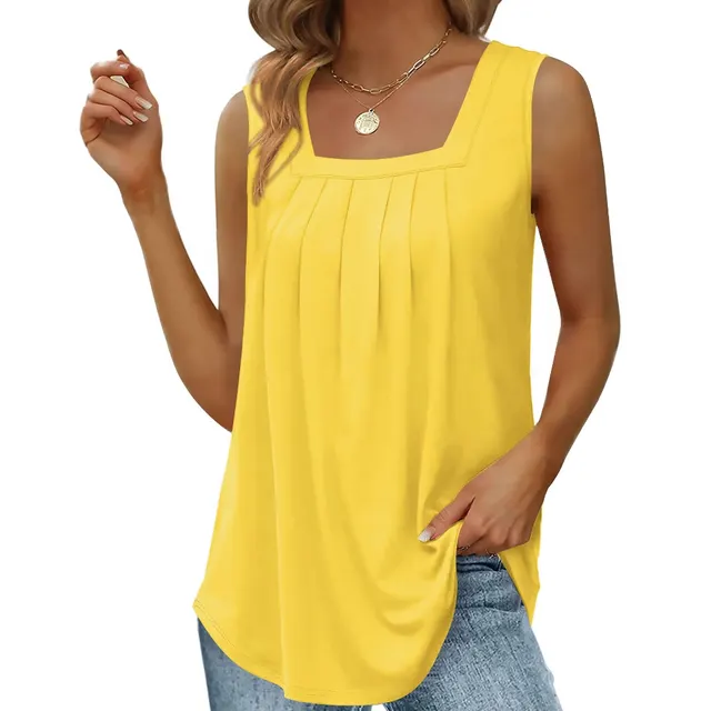 Women's Summer Pleated Square Collar Halter Loose Casual Print Sleeveless Vest Yellow - Shop at LoveMi