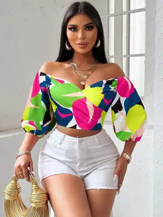 Women's Casual Short Sleeve Blouse - Multicolor
