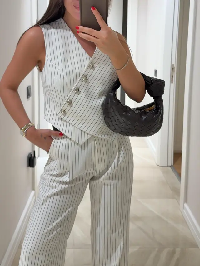 White Striped Asymmetric Cut Double Breasted Collar Vest Pants Set White - Shop at LoveMi