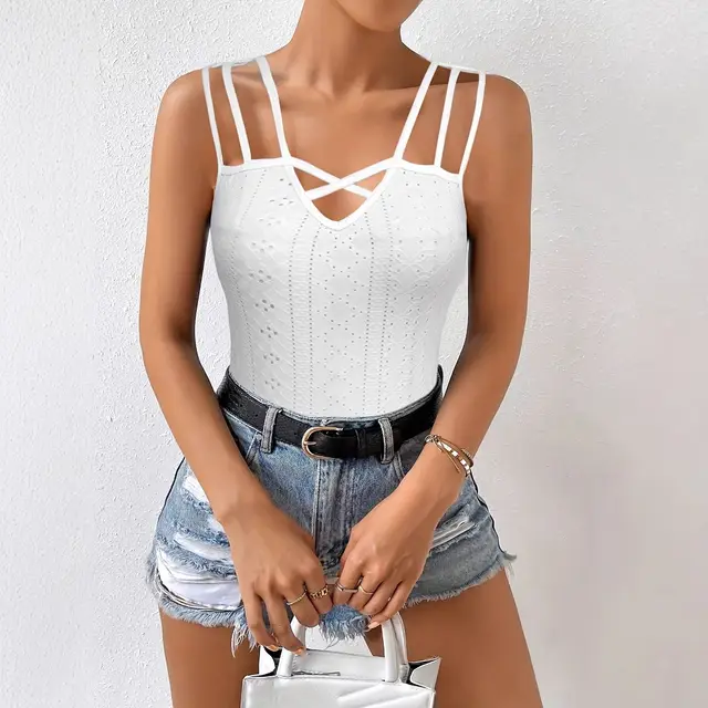 Summer Sleeveless Women's Solid Color Jacquard Camisole Pullover With Hollowed Out Top White - Shop at LoveMi