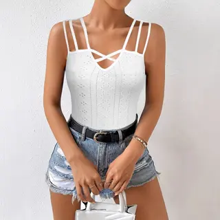Summer Sleeveless Women's Solid Color Jacquard Camisole Pullover With Hollowed Out Top - White