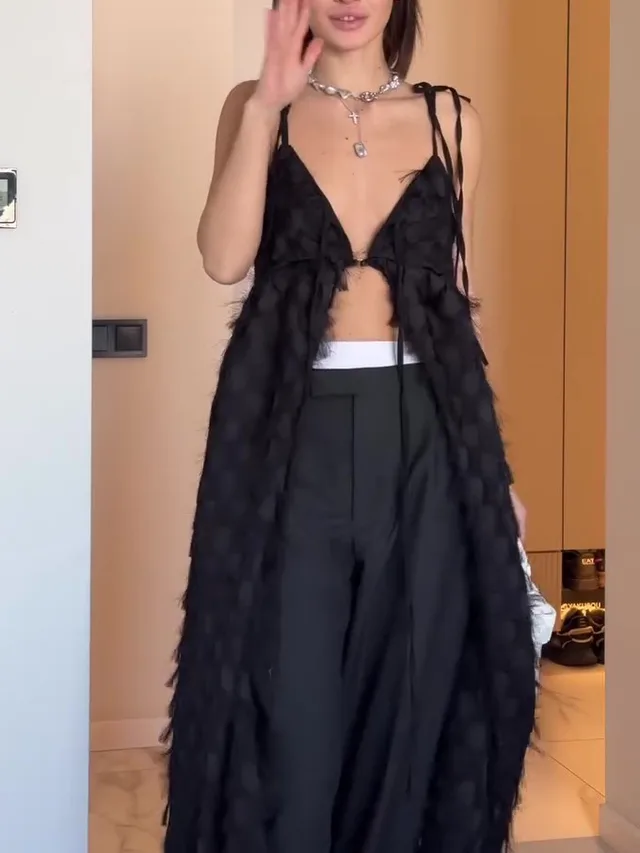 Black Suspender Tassel Tie Long Top Black - Shop at LoveMi