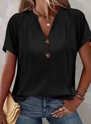Women's Solid Color Button Short Sleeved Shirt - Black