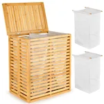 Bamboo Laundry Basket With Lid - Foldable Laundry Basket With 2 Sections Of Removable Lined Pockets For Bathroom, Bedroom And Laundry - Natural Color