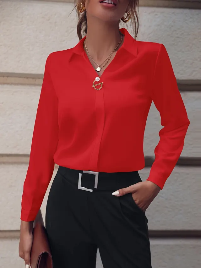 Fashionable Elegant Business Style Long Sleeve Shirt With Pearl Button Red - Shop at LoveMi