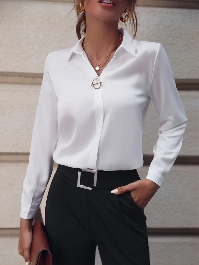 Fashionable Elegant Business Style Long Sleeve Shirt With Pearl Button White - Shop at LoveMi