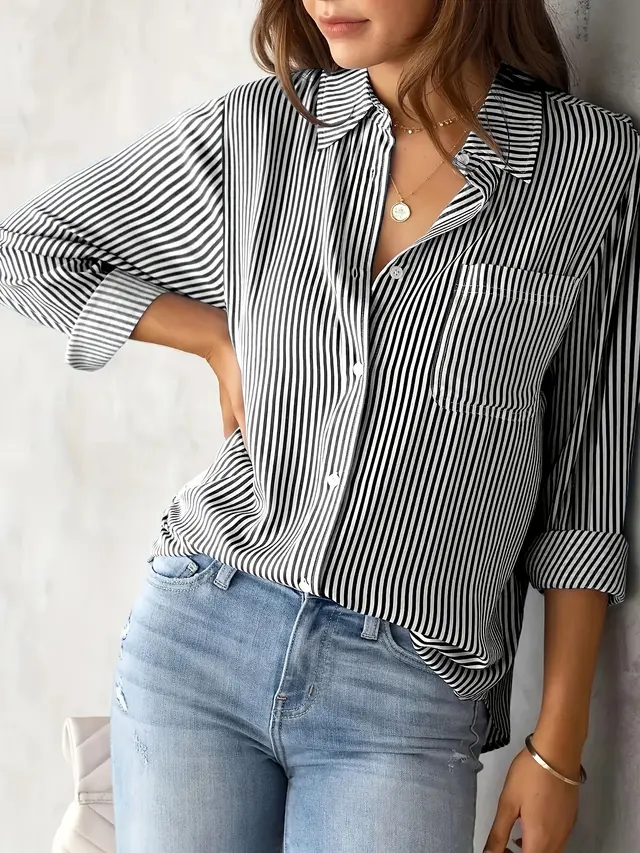 Ladies' Shirt, Classic Striped Print Casual Collar Long Sleeve With Pockets Shirt Black - Shop at LoveMi