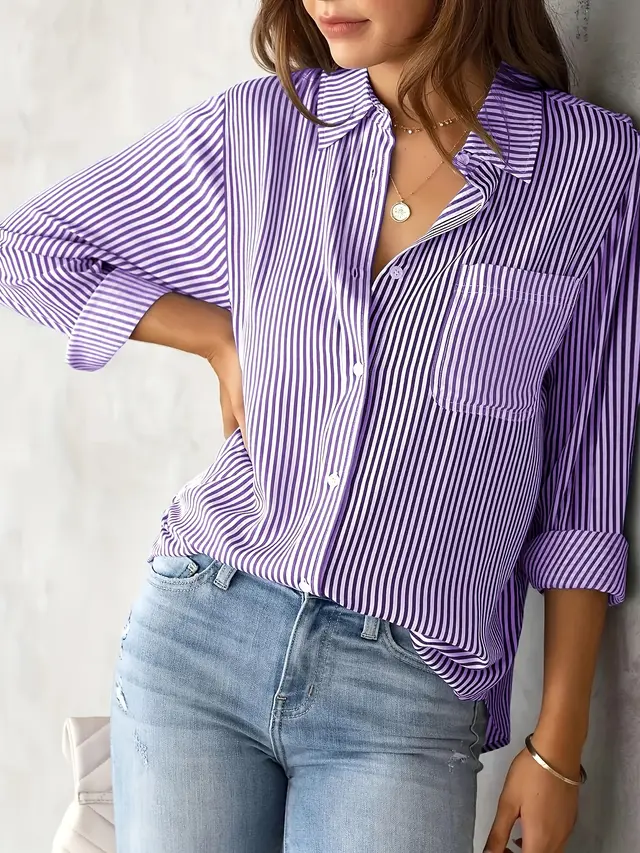 Ladies' Shirt, Classic Striped Print Casual Collar Long Sleeve With Pockets Shirt Purple - Shop at LoveMi