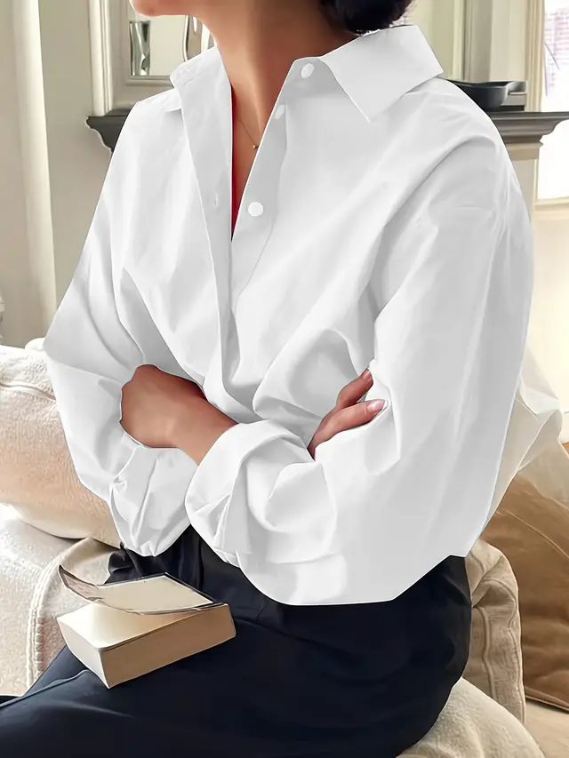Simple Casual Long Sleeve Solid Color Shirt With Pocket White - Shop at LoveMi