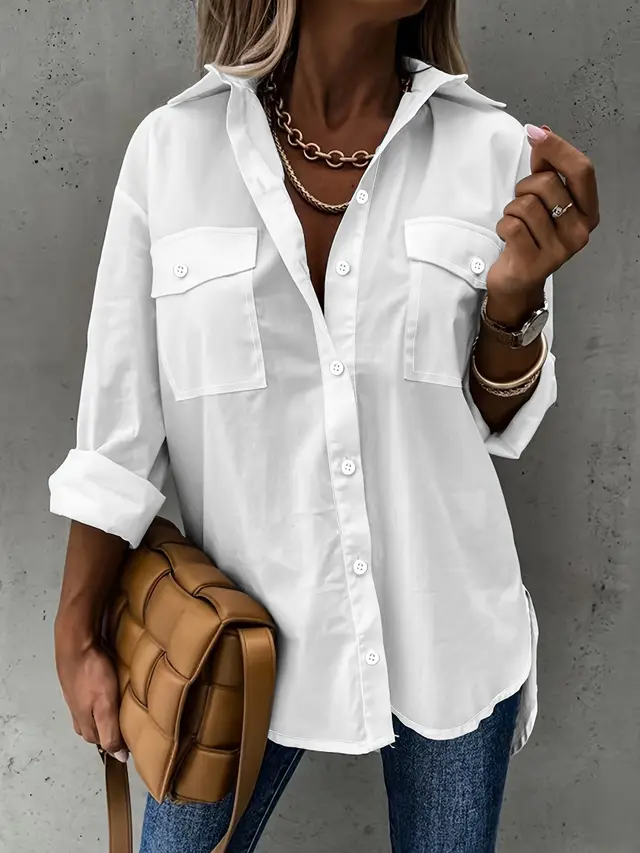 Simple Casual Long Sleeve Shirt With Pocket White - Shop at LoveMi