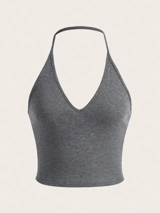 EZwear Summer Solid Crop Halter Top Dark Grey - Shop at LoveMi