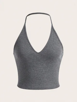EZwear Summer Solid Crop Halter Top - Dark Grey