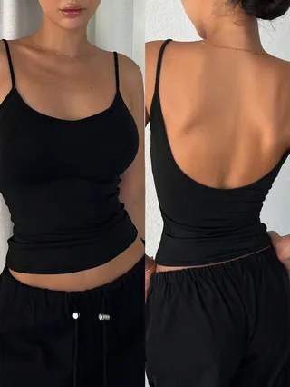 Women's Solid Color Casual Slim-Fit Backless Camisole Top - Black