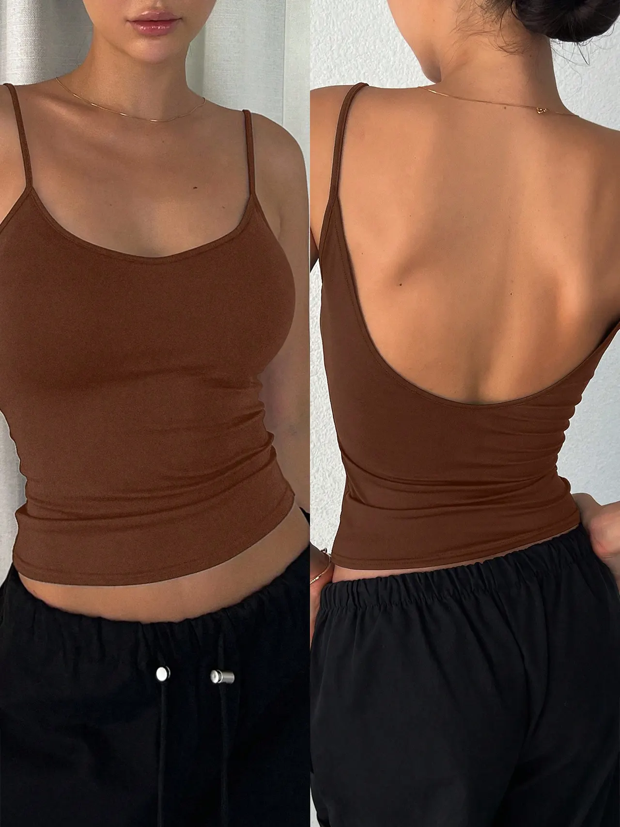 Women's Solid Colour Casual Slim-Fit Backless Camisole Top - Brown