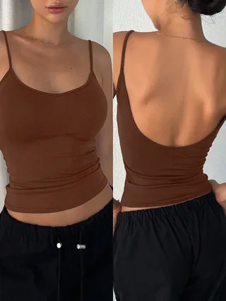 Women's Solid Color Casual Slim-Fit Backless Camisole Top - Brown