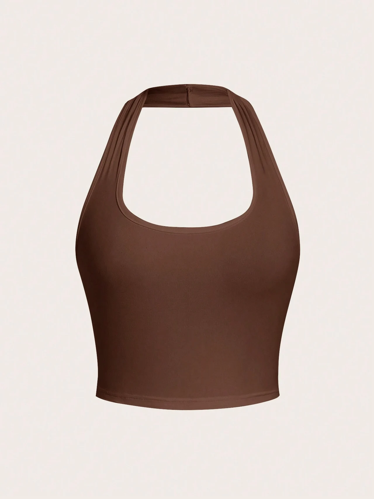 Solid Colour Cropped Halter Neck Slim Fit Tank Top For Women - Brown