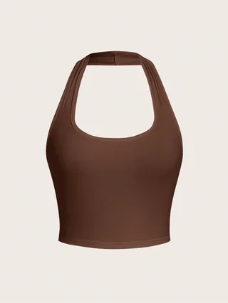 Solid Color Cropped Halter Neck Slim Fit Tank Top For Women - Brown