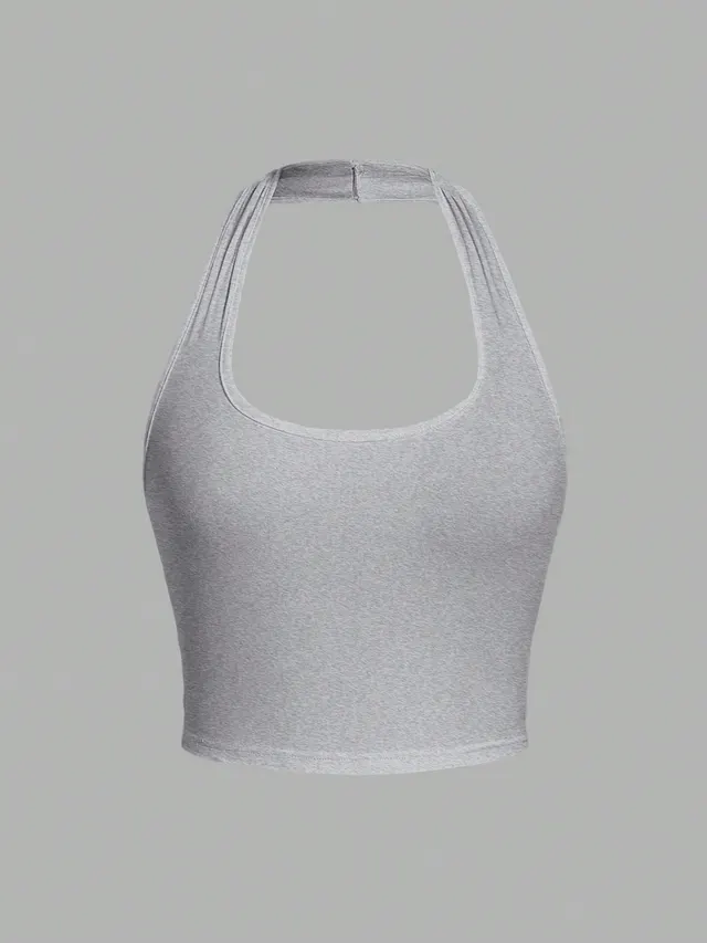 Solid Color Cropped Halter Neck Slim Fit Tank Top For Women Grey - Shop at LoveMi