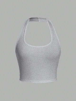 Solid Color Cropped Halter Neck Slim Fit Tank Top For Women - Grey