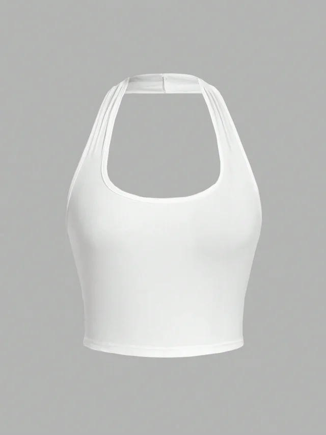 Solid Color Cropped Halter Neck Slim Fit Tank Top For Women White - Shop at LoveMi