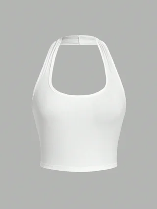 Solid Color Cropped Halter Neck Slim Fit Tank Top For Women - White