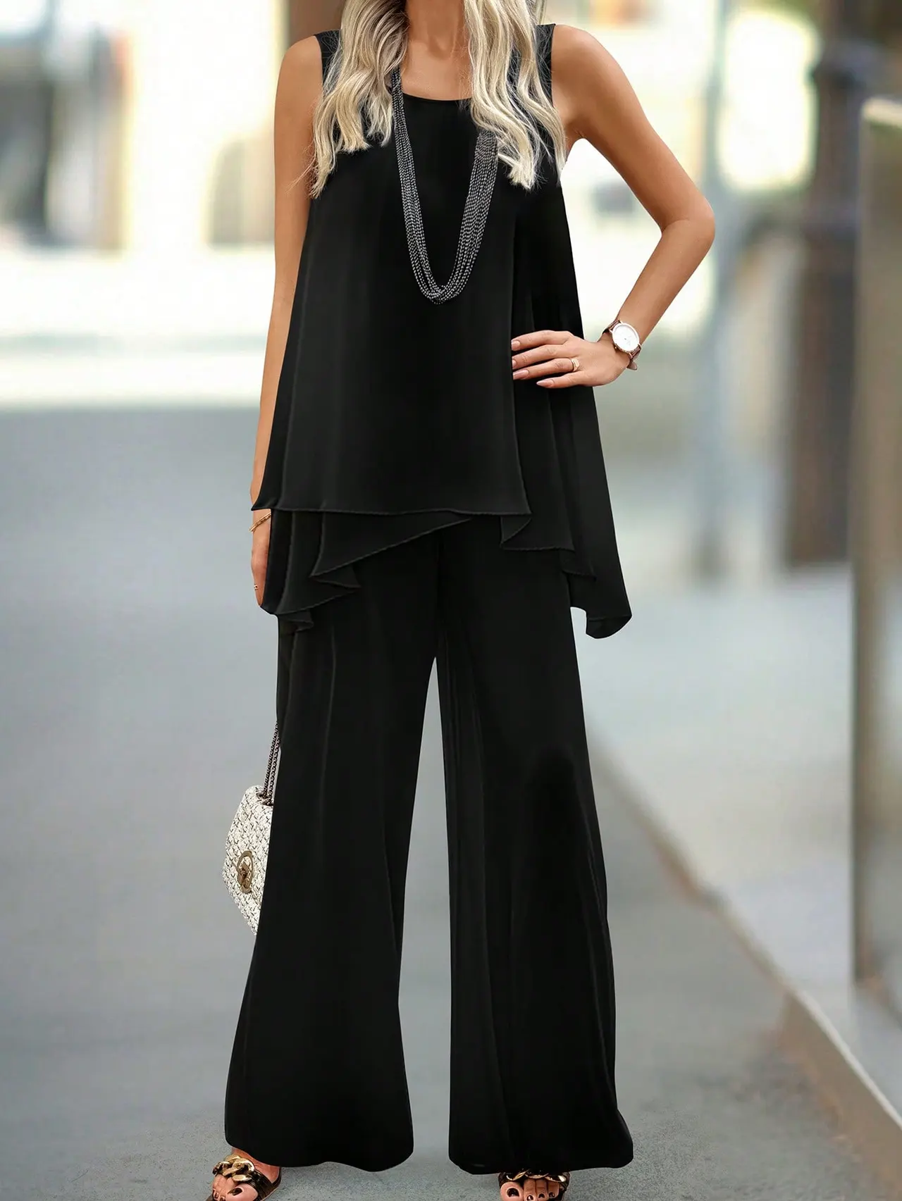 Solid Color Asymmetrical Hem Tank Top And Pants Casual Two-Piece Set - Black