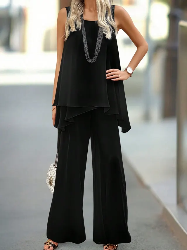 Solid Color Asymmetrical Hem Tank Top And Pants Casual Two Piece Set Black - Shop at LoveMi