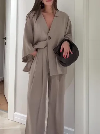 Solid Color Single Button Top And Pants Set