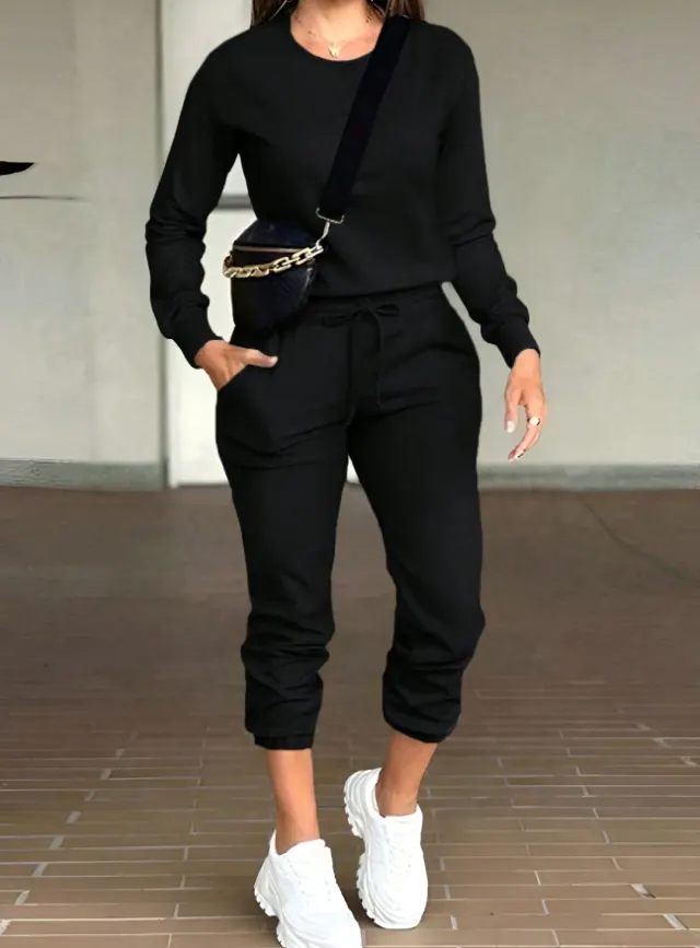 Casual Round Neck Long Sleeve Top And Pants Suit Black - Shop at LoveMi