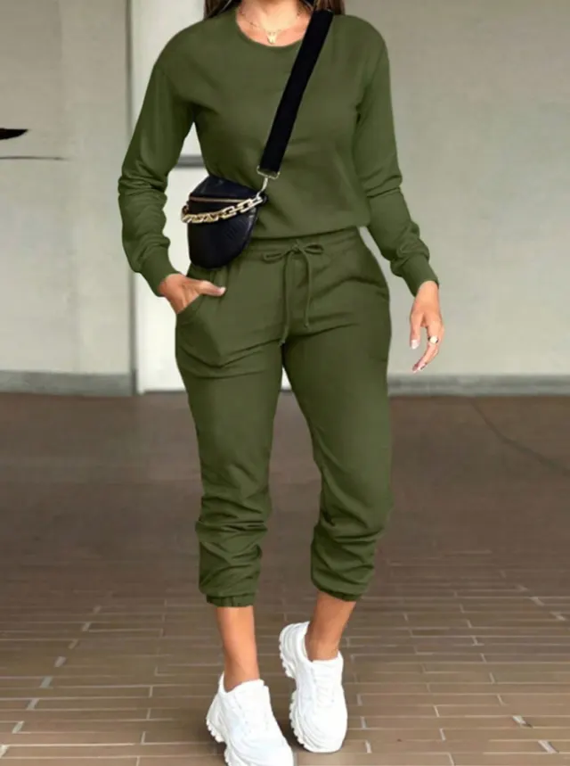 Casual Round Neck Long Sleeve Top And Pants Suit Green - Shop at LoveMi