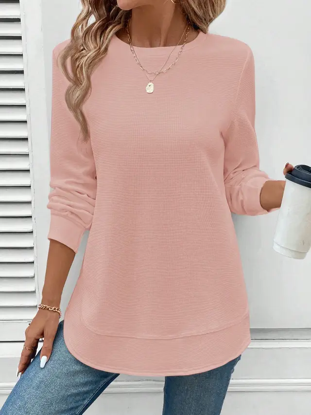 Women's Casual Comfortable Basic Crew Neck Asymmetrical Hem Waffle Pink - Shop at LoveMi