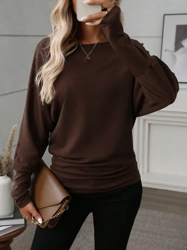 Women Solid Color Long Sleeve Minimalist Casual Top Brown - Shop at LoveMi
