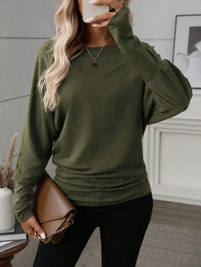Women Solid Color Long Sleeve Minimalist Casual Top Green - Shop at LoveMi