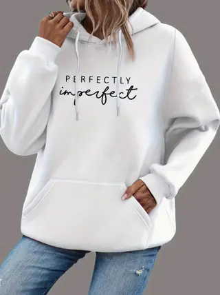 Letter Print Kangaroo Pocket Hoodie - White