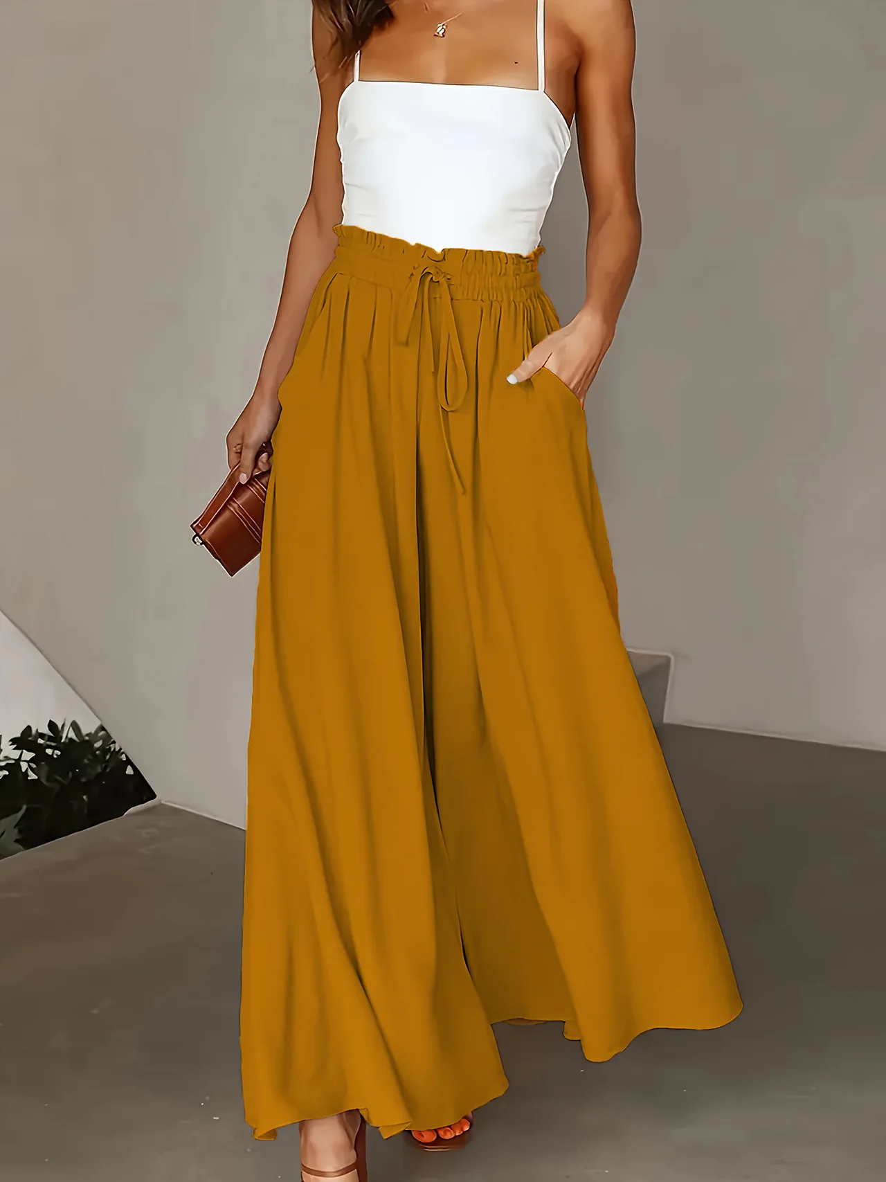 New Casual Elastic High Waist Solid Color Wide Leg Pants - Gingercolored