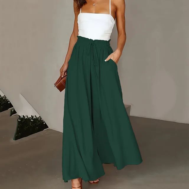 Plus Size Wide Leg Pants Stylish Solid Paper Bag Waist Design, Elegant Pocket Tie Front, Loose Fit For Comfort, Perfect For Spring & Summer, Wome... Dark Green - Shop at LoveMi