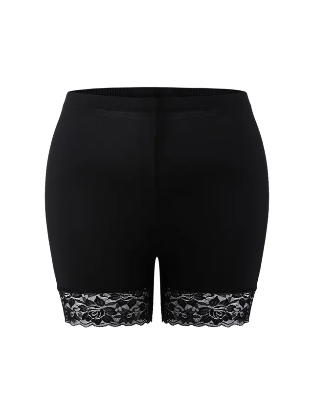 Plus Size Lace Edge Solid Color Tight High Elastic Bottoming Sports Ladies Shorts Black - Shop at LoveMi