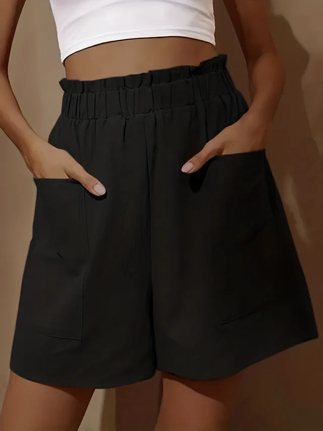 Plus Size Women's Loose Wide Leg Cotton Material Pocket Solid Elastic High Waist Shorts Black - Shop at LoveMi
