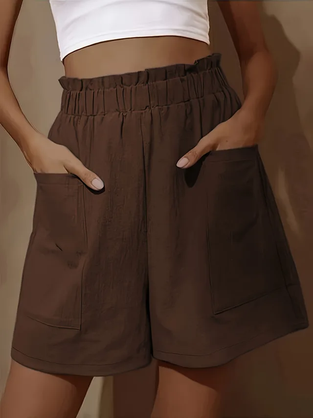 Plus Size Women's Loose Wide Leg Cotton Material Pocket Solid Elastic High Waist Shorts Brown - Shop at LoveMi