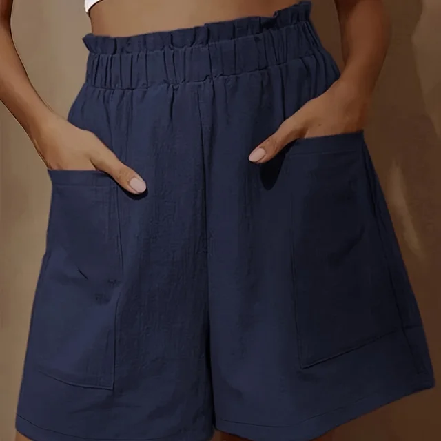 Plus Size Women's Loose Wide Leg Cotton Material Pocket Solid Elastic High Waist Shorts Navy Blue - Shop at LoveMi