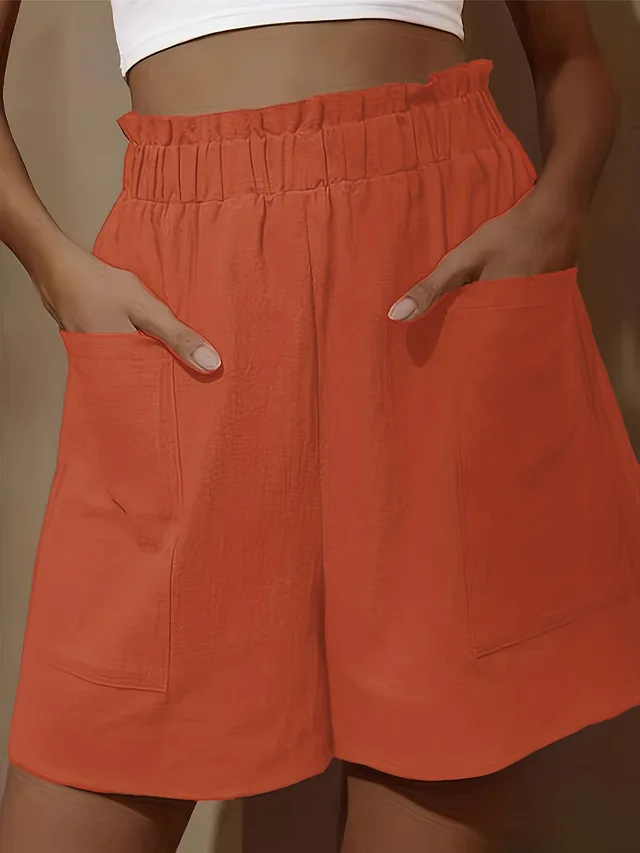 Plus Size Women's Loose Wide Leg Cotton Material Pocket Solid Elastic High Waist Shorts Orange Color - Shop at LoveMi