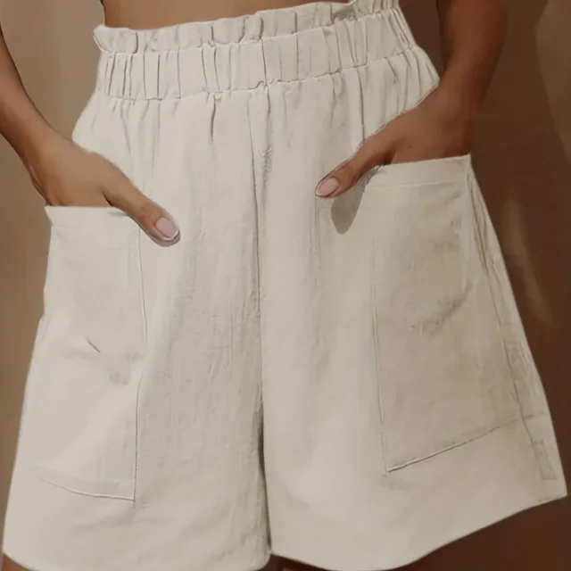 Plus Size Women's Loose Wide Leg Cotton Material Pocket Solid Elastic High Waist Shorts White - Shop at LoveMi