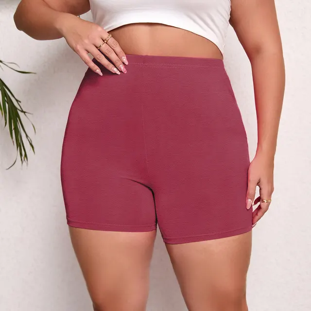 Plus Size High Waist Lift Hip Solid Color Skinny High Elastic Bottom Sports Women's Shorts Wine Red - Shop at LoveMi