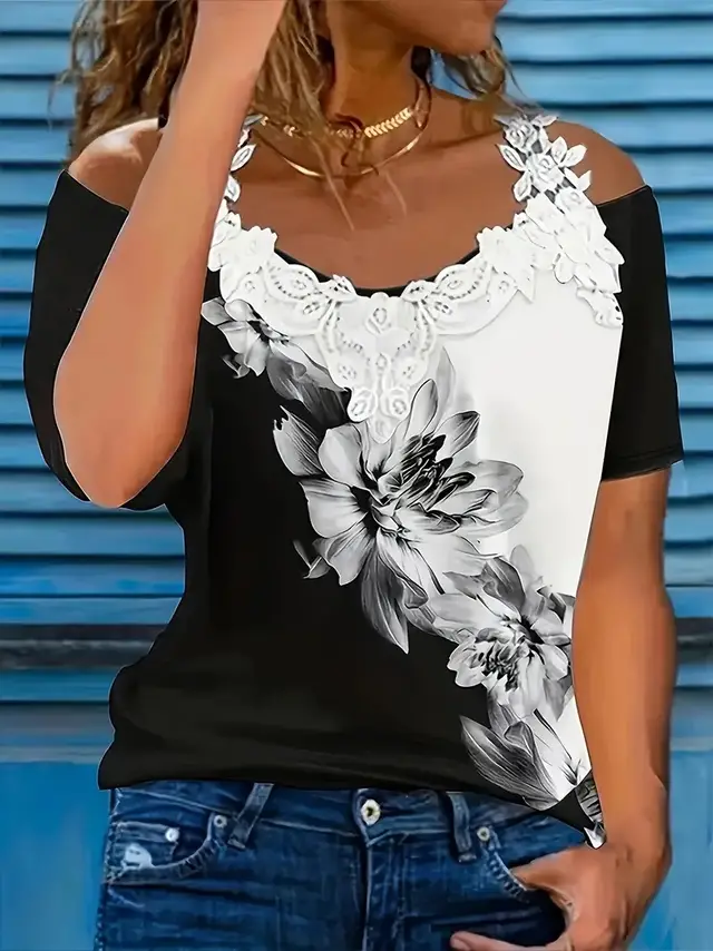 Spring Summer New Floral Print V neck T shirt Lace Casual Off the shoulder Short sleeved Top - Shop at LoveMi